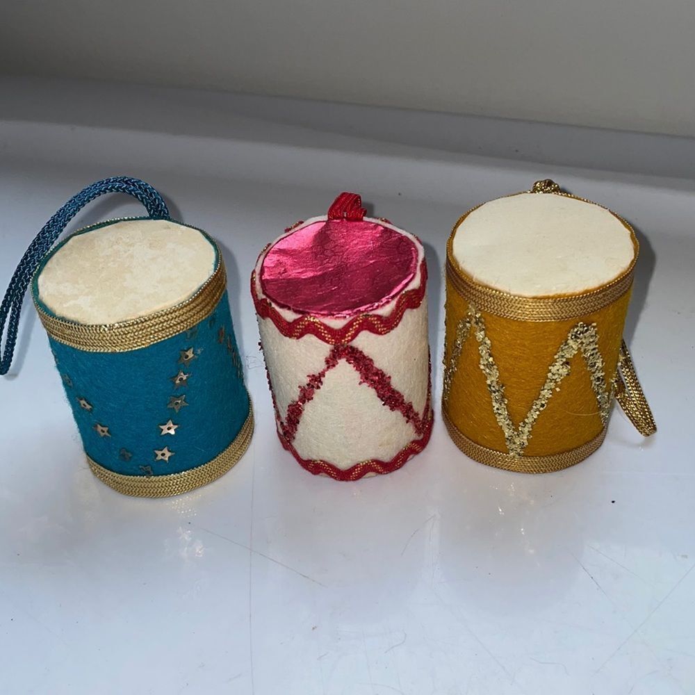 Vintage homemade/handmade collection of three‎ drums Christmas tree ornaments